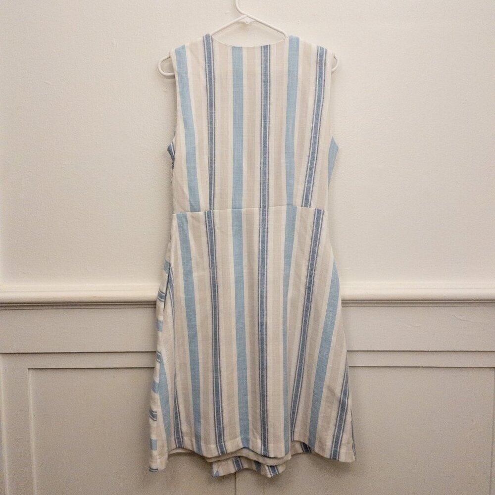 SheFly Blue White Striped Linen Dress Size 40 M Sleeveless Wrap Bodice Summer - Picture 2 of 5